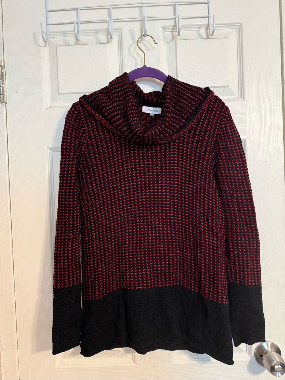 Calvin Klein Red and Black Textured Cowl Neck Sweater